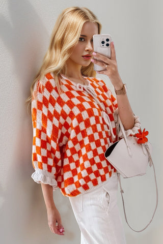 Double Take Tied Checkered Dropped Shoulder Flounce Sleeve Cardigan - 1985 the VAULT Boutique