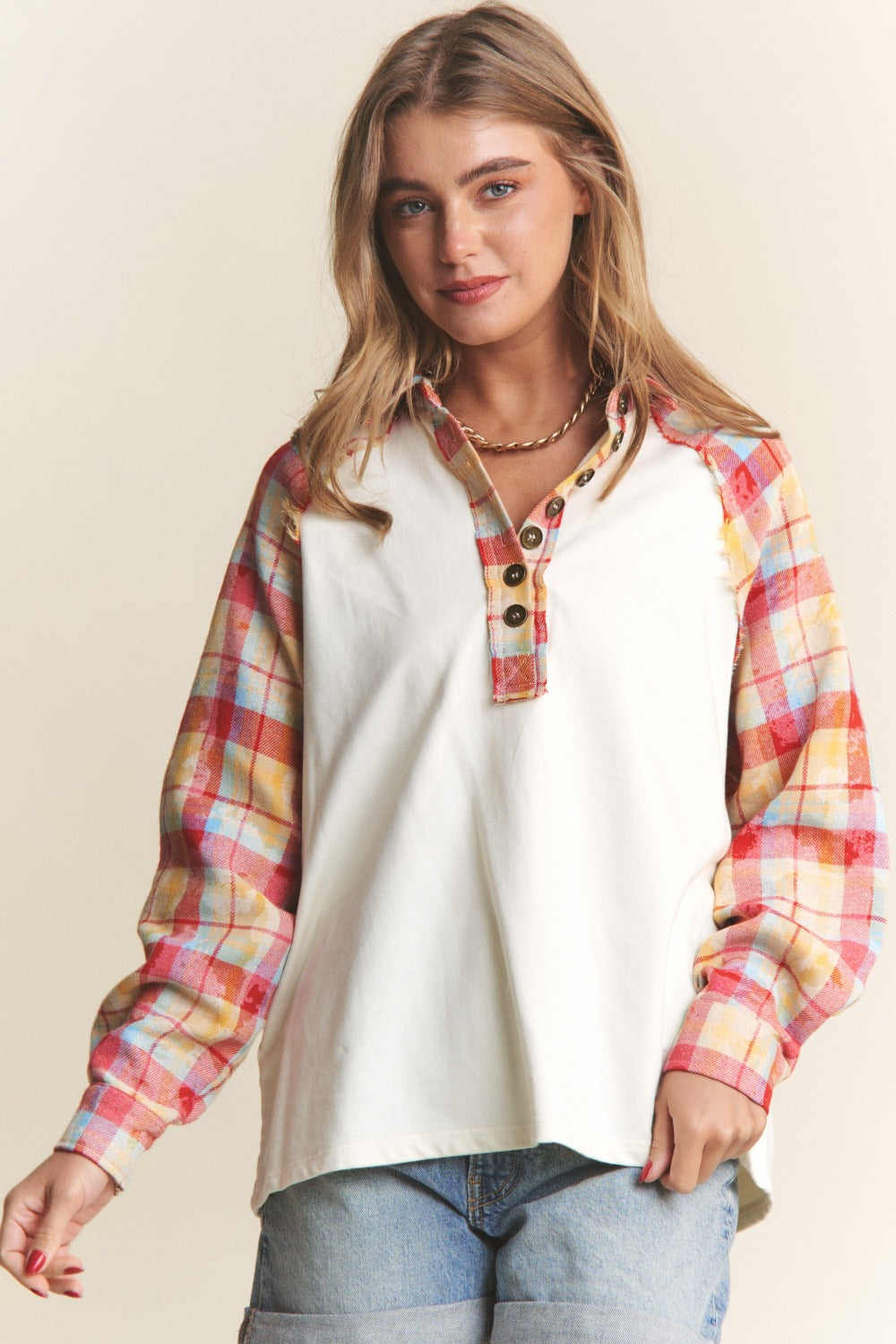 J.NNA Plaid Contrast Button Down Henley Top - 1985 the VAULT Boutique