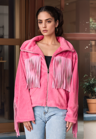 Fringed Zip Up Fleece Jacket - 1985 the VAULT Boutique