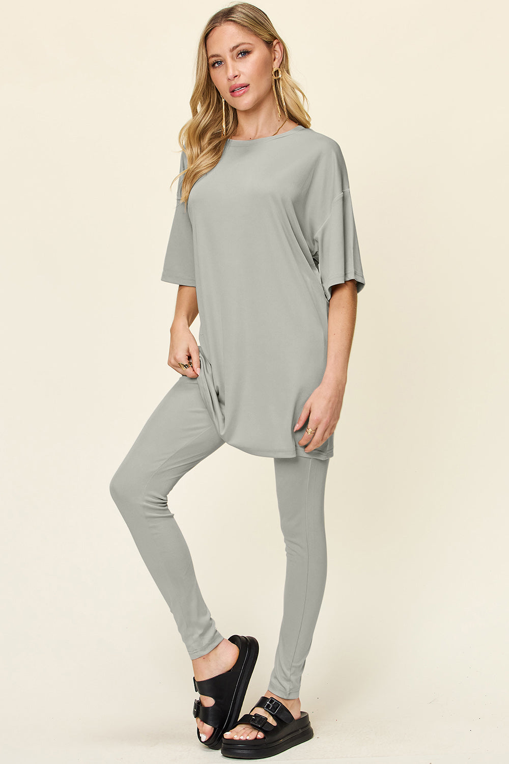 Double Take Full Size Round Neck Dropped Shoulder T-Shirt and Leggings Set - 1985 the VAULT Boutique