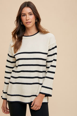 Annie Wear Side Slit Striped Round Neck Sweater - 1985 the VAULT Boutique