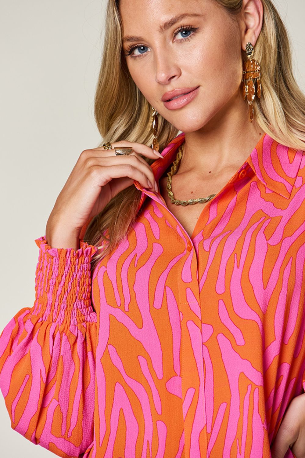 Double Take Full Size Printed Smocked Long Sleeve Blouse - 1985 the VAULT Boutique