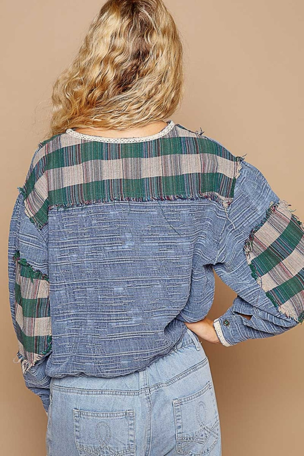 POL Round Neck Long Sleeve Plaid Shirt - 1985 the VAULT Boutique