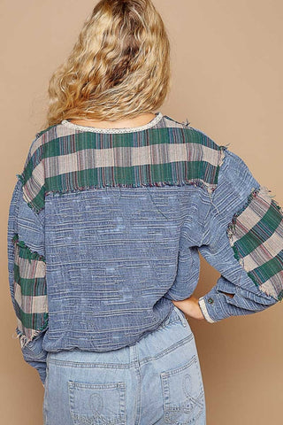 POL Round Neck Long Sleeve Plaid Shirt - 1985 the VAULT Boutique