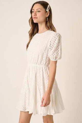 Mittoshop Eyelet Round Neck Puff Sleeve Mini Dress - 1985 the VAULT Boutique