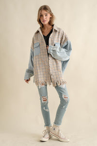 TWEED MIXED DENIM JACKET SHACKET WITH FRINGED HEM - 1985 the VAULT Boutique