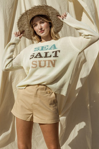 Round Neck Long Sleeve Sea Salt Sun Sweater - 1985 the VAULT Boutique