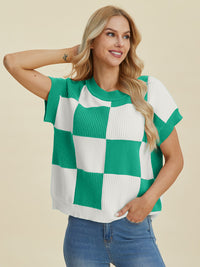 Double Take Full Size Checkered Round Neck Short Sleeve Sweater - 1985 the VAULT Boutique