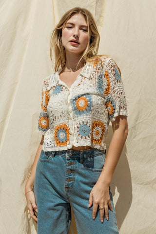 Short Sleeve Button Front Crochet Top - 1985 the VAULT Boutique