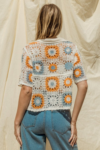 Short Sleeve Button Front Crochet Top - 1985 the VAULT Boutique