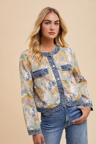 Annie Wear Floral Jacquard Denim Contrast Button Down Jacket - 1985 the VAULT Boutique