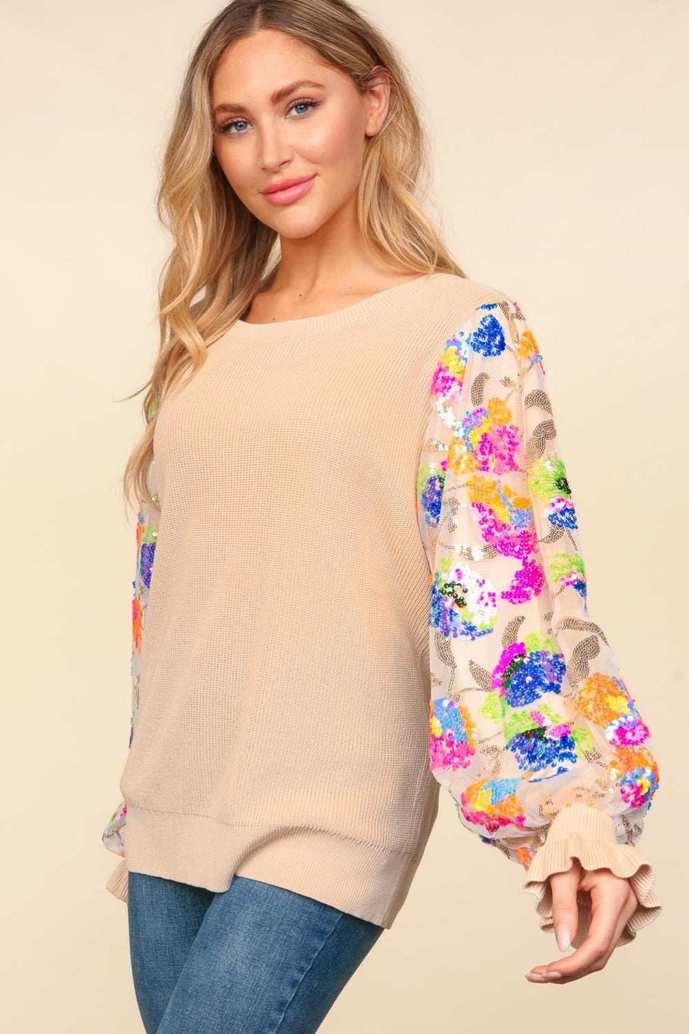 Haptics Floral Sequins Mesh Flounce Sleeve Sweater - 1985 THE VAULT