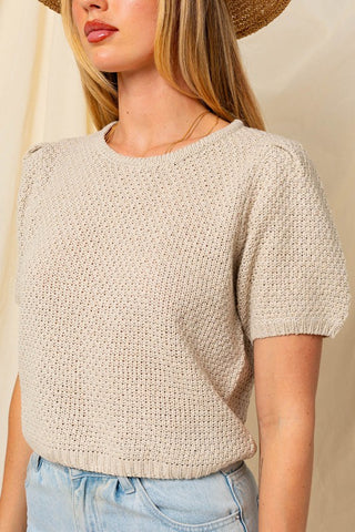 Puff Sleeve Round Neck Texture Sweater Top - 1985 the VAULT Boutique