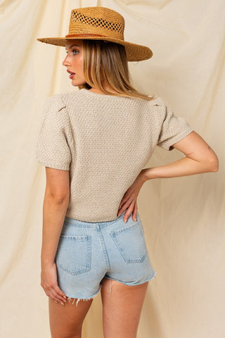 Puff Sleeve Round Neck Texture Sweater Top - 1985 the VAULT Boutique