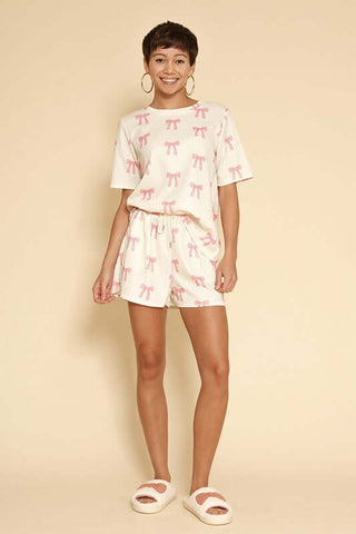 Novelty Bow Printed Waffle Pajama Lounge Shorts Set - 1985 the VAULT Boutique