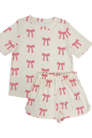 Novelty Bow Printed Waffle Pajama Lounge Shorts Set - 1985 the VAULT Boutique