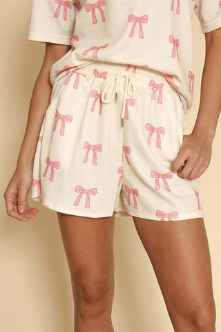 Novelty Bow Printed Waffle Pajama Lounge Shorts Set - 1985 the VAULT Boutique