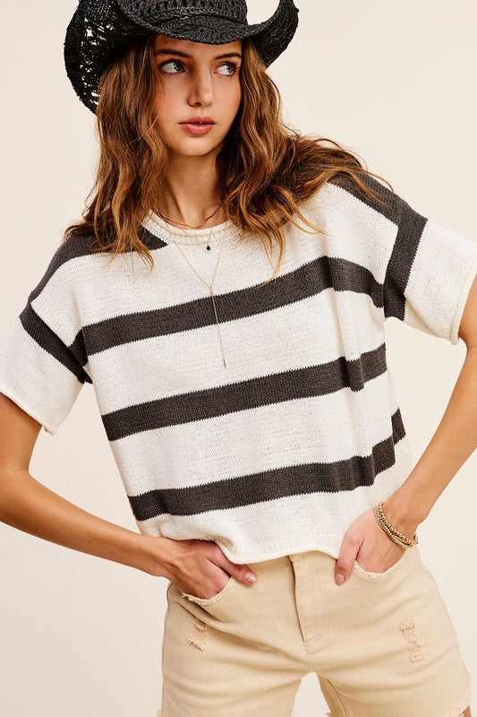 Lightweight Stripe Sweater Short Sleeve Top - 1985 the VAULT Boutique