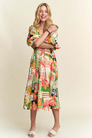 ADORA Floral V-Neck Puff Sleeve Midi Dress - 1985 the VAULT Boutique