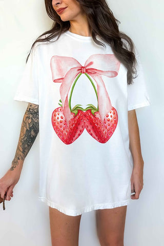 Coquette Strawberry Ribbon Oversized Graphic Tee - 1985 the VAULT Boutique