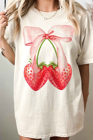 Coquette Strawberry Ribbon Oversized Graphic Tee - 1985 the VAULT Boutique