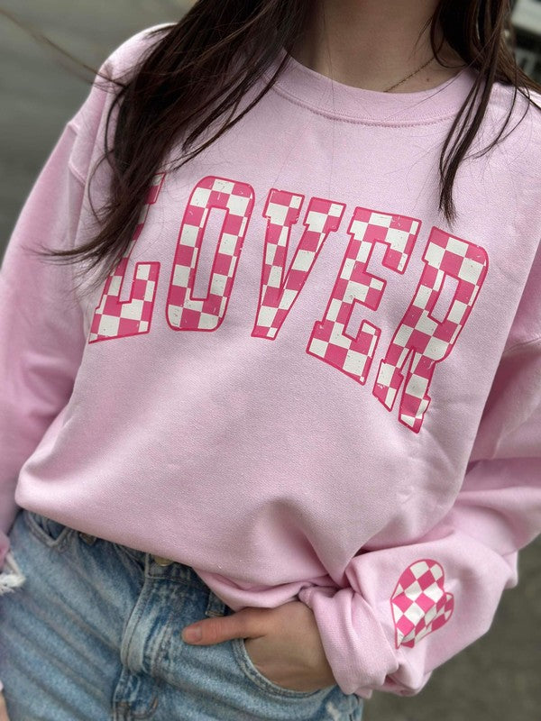 Pink Checkered Lover with Heart Sleeve Sweatshirt - 1985 the VAULT Boutique