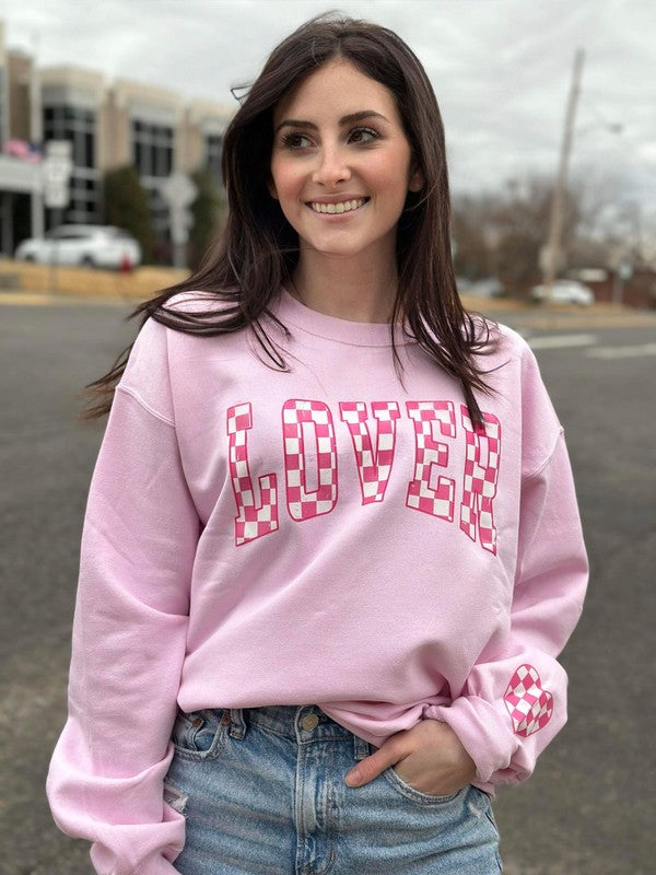 Pink Checkered Lover with Heart Sleeve Sweatshirt - 1985 the VAULT Boutique