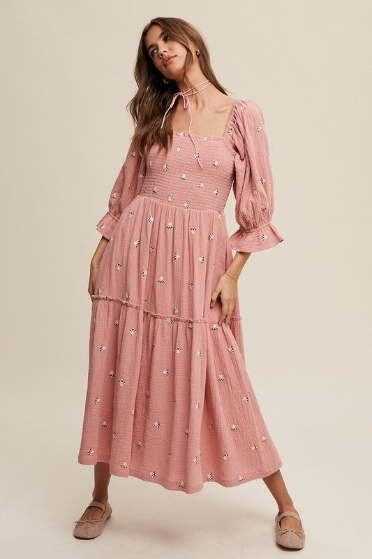 Ditzy Floral Embroidery Puff Sleeve Maxi Dress - 1985 the VAULT Boutique