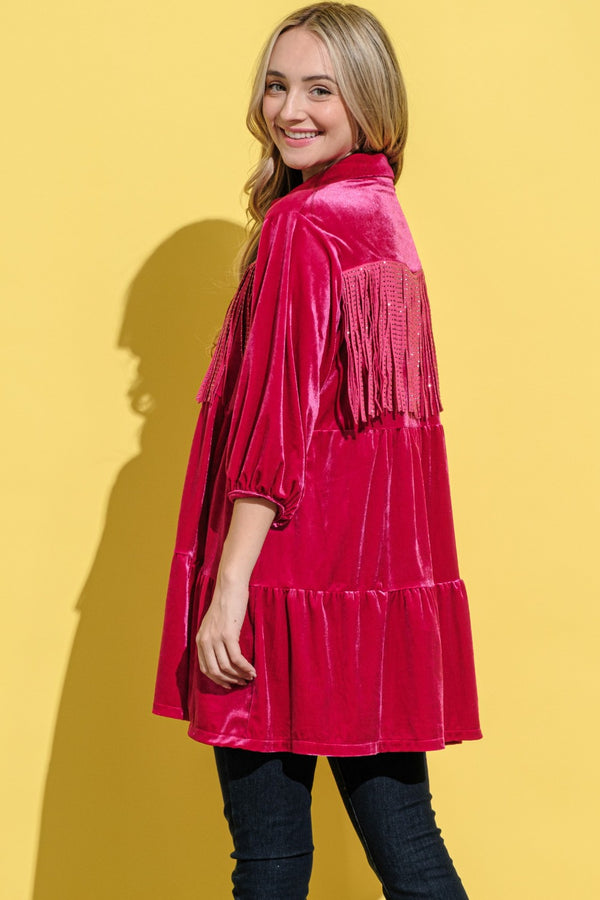 And The Why Fringe Detailed Velvet Shirt Dress - 1985 THE VAULT