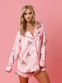 Printed Collared Neck Long Sleeve Top and Shorts Set - 1985 the VAULT Boutique