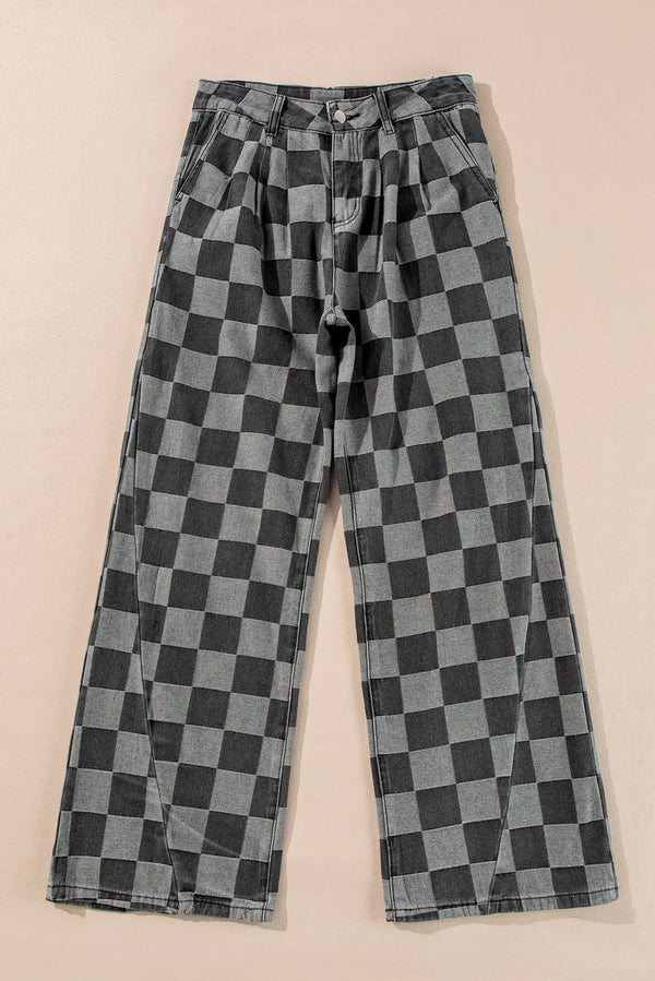 Checkered Wide Leg Jeans with Pockets - 1985 the VAULT Boutique