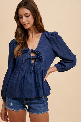 Annie Wear Tie Front Peplum Long Sleeve Denim Top - 1985 the VAULT Boutique