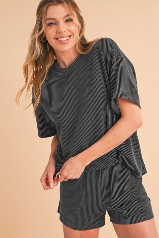 Ribbed Textured Knit Loose Fit Tee and Shorts Set - 1985 the VAULT Boutique