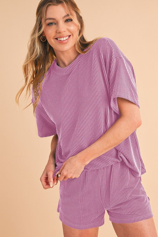 Ribbed Textured Knit Loose Fit Tee and Shorts Set - 1985 the VAULT Boutique