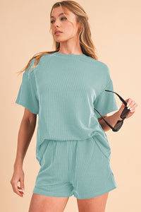 Ribbed Textured Knit Loose Fit Tee and Shorts Set - 1985 the VAULT Boutique