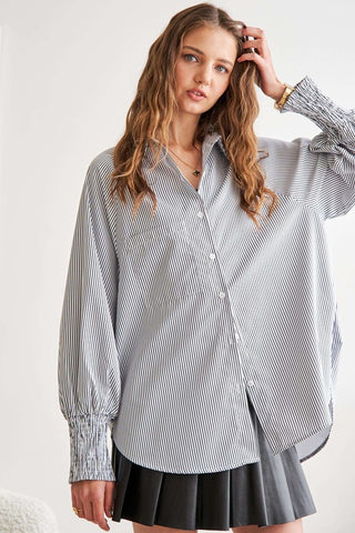 ADORA High-Low Striped Button Down Smocked Lantern Sleeve Shirt - 1985 the VAULT Boutique