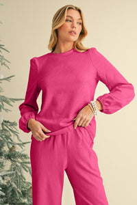 Textured Puff Sleeve Top and Pants Set - 1985 the VAULT Boutique