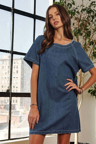 ADORA Raw Hem Mini Denim Dress with Pockets - 1985 the VAULT Boutique