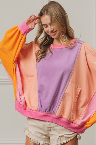 BiBi Color Block Exposed Seam Sweatshirt with Pockets - 1985 the VAULT Boutique