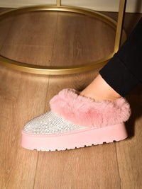 WILD DIVA Embellished Faux Fur Platform Booties in Pink