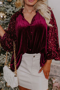 Sequin Notched Long Sleeve Blouse - 1985 the VAULT Boutique