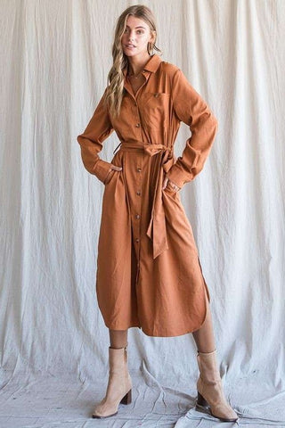 SOLID BUTTON DOWN BELTED LONG DRESS - 1985 the VAULT Boutique