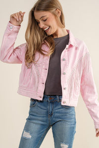 CROP DENIM JACKET WITH RHINESTONE FRINGE - 1985 the VAULT Boutique