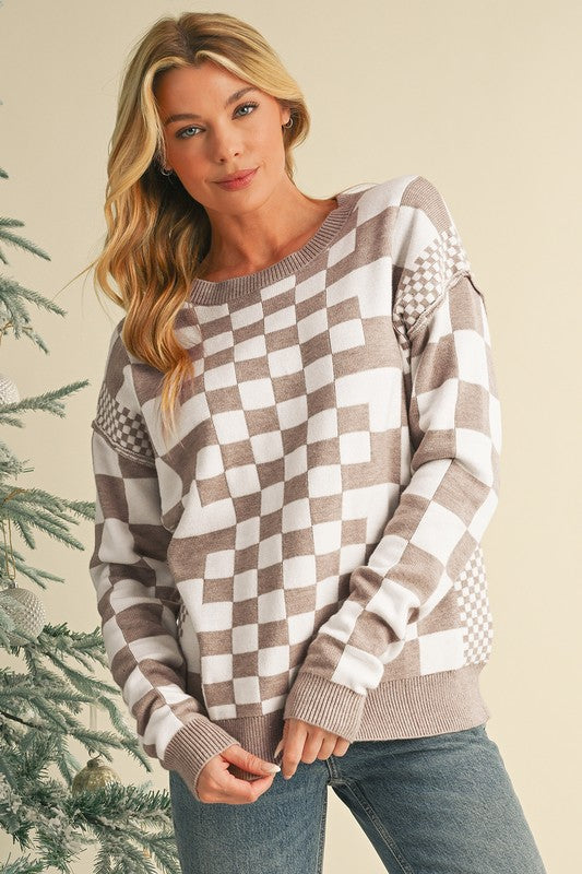 Checkered Drop Shoulder Round Neck Sweater - 1985 the VAULT Boutique