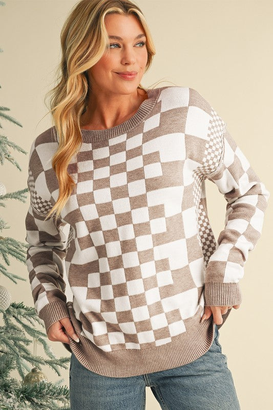 Checkered Drop Shoulder Round Neck Sweater - 1985 the VAULT Boutique