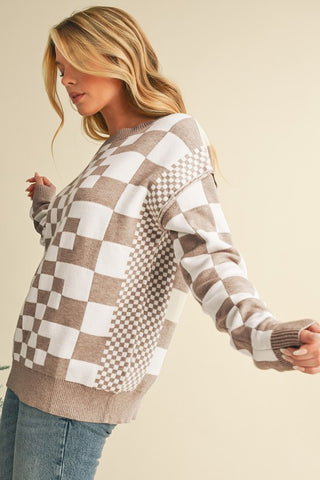 Checkered Drop Shoulder Round Neck Sweater - 1985 the VAULT Boutique