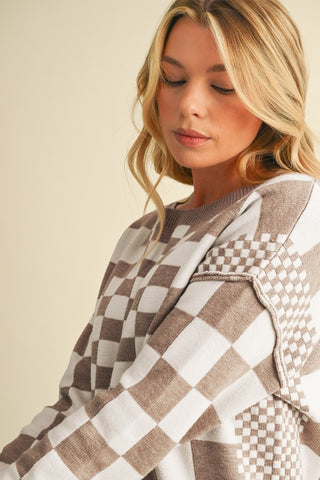 Checkered Drop Shoulder Round Neck Sweater - 1985 the VAULT Boutique