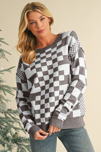 Checkered Drop Shoulder Round Neck Sweater - 1985 the VAULT Boutique