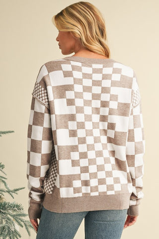 Checkered Drop Shoulder Round Neck Sweater - 1985 the VAULT Boutique