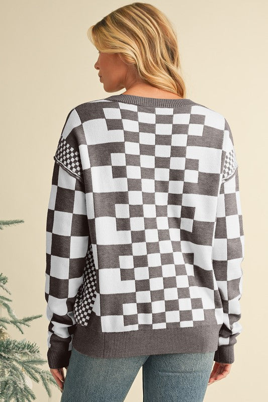 Checkered Drop Shoulder Round Neck Sweater - 1985 the VAULT Boutique